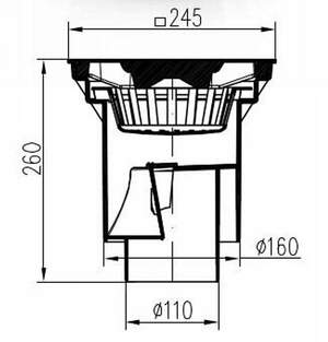 Трап - дождеприемник 245*245 мм, B125, вертикальное подключение 110/160 мм, сухой сифон, чугунная решетка.