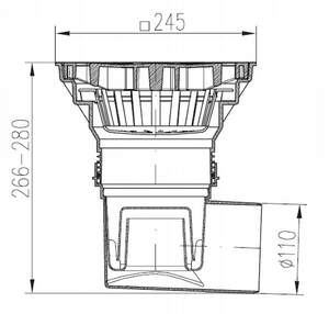 Трап - дождеприемник 245*245 мм, двухкорпусный, B125, горизонтальное подключение 110 мм, чугунная решетка.