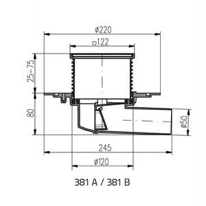 Трап 122*122 для балконов и террас DN50, горизонтальное подключение, 2 сифона, с фланцем, нержавеющая решетка.