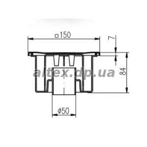 Однокорпусный трап 150*150 с вертикальным подключением DN50, h=84mm