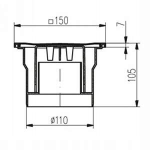 Однокорпусный трап 150*150 с вертикальным подключением DN110, h=105 mm, гидрозатвор