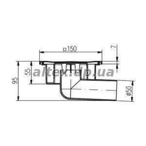 Низкий окорпусный трап 150*150 с горизонтальным подключением DN50, h=55 mm