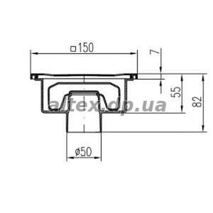 Низкий однокорпусный трап 150*150 с вертикальным подключением DN50, h=55mm, сухой сифон