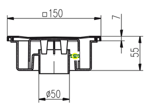 Низкий однокорпусный трап 150*150 с вертикальным подключением DN50, h=55mm