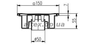 Низкий однокорпусный трап 150*150 с вертикальным подключением DN50, h=55mm