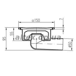 Низький однокорпусний трап 150*150 мм із горизонтальним підключенням DN50, h=55mm, сухий сифон